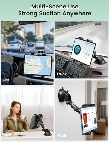OHLPRO 360° Adjustable Tablet Holder for Car – Versatile Suction Cup Mount for 7″-13″ i Pad and Tablets – Sturdy Arm Clip for Optimal Viewing – Enhanced Compatibility for Windshield & Truck Vent Use – Perfect for Navigation & Entertainment During Road Trips – Durable and Easy to Clean Design
