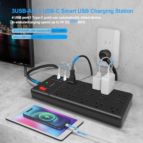 Heavy-Duty Surge Protector Power Strip with 15 Spacious Outlets and 4 USB Ports (1 USB-C) – 5 ft 14 AWG Extension Cord, 2800 Joules Protection for Safe Charging and Device Organization in Home or Office