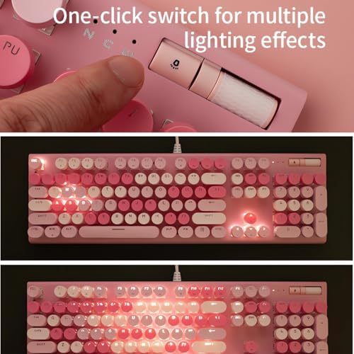 Charming Retro Pink Wired Keyboard with White Backlighting, Volume Control Knob, and Adjustable Stands – Perfect for Stylish Typing on PC or Laptop – Enhance Your Workspace Aesthetic Today!