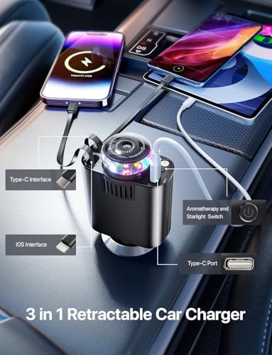 Transform Your Commute: 5-in-1 Retractable Car Charger with Aromatherapy Diffuser & Starlight Ambiance – Fast USB-C and Dual USB Ports for i Phone 12-16 & More – Elevate Your Driving Experience with Stress-Relieving Scents and Efficient Charging