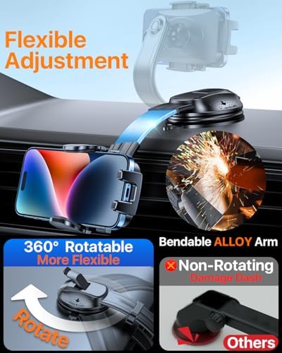 HTU Premium Adjustable Suction Car Phone Holder with Bendable Arm – Ultimate Dashboard and Windshield Mount for i Phone 16, 15, 14, 13, 12 Pro Max (Black) – Secure Grip, 360-Degree Rotation, Enhanced Safety and Usability