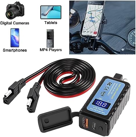 XMSJSIY Premium Motorcycle Phone Charger Adapter – SAE to Type-C PD & USB Quick Charge 3.0 with Built-in Voltmeter, Waterproof Design, and Energy-Saving ON/OFF Switch – 1.2 M (3.9 FT) Extension Cable for Seamless Connectivity with Phones, Tablets, and GPS Devices