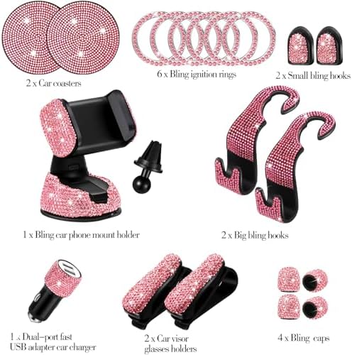 Transform Your Vehicle with Tallew’s 20-Piece Bling Car Accessories Set for Women – Stylish Rhinestone Car Decor, Hands-Free Phone Holder, Rapid Dual USB Charger, Practical Glasses Holders, Chic Pink Interior Essentials for Glamorous Driving Experience
