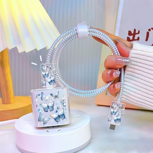 Charming Flower Butterfly Cable Protector for i Phone Chargers – Stylish Bright Blue Data Cable Saver for i Phone 11, 12, 13, 14 Pro Max, XS, XR, X, 7 & 8 Plus – Durable Cord Shield Enhancing Lifespan & Connection Reliability – Perfect i Phone Charger Accessory for Everyday Use