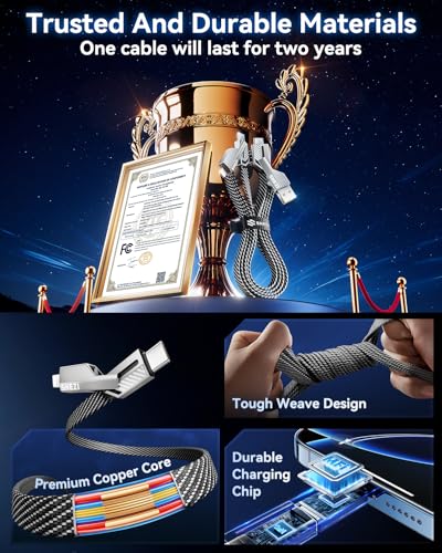 Ultimate 4-in-1 USB C to Lightning Charging Cable – 60 W High-Speed Power & Rapid Data Sync for i Phone, Samsung, i Pad – 10 FT Multi-Device Charger with Car Play & Android Auto Compatibility – Robust, Durable Design for Everyday Use