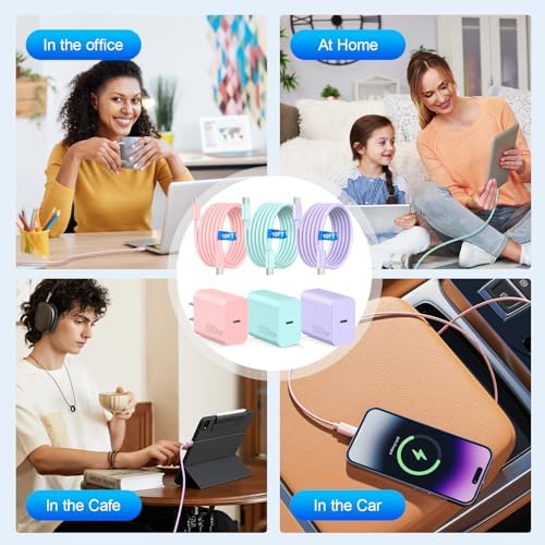 Dual-Pack Fast Charging USB C Charger Blocks for i Phone 16/15 & Galaxy S25/S24 – 6 ft Cable Included, Versatile Power Solution in Black & Pink – Enhanced Compatibility & Efficiency for Home, Office, and Travel