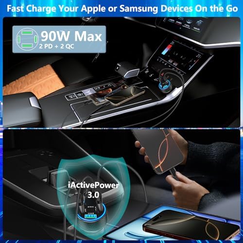 KYOHAYA 90 W Car Charger Bundle – 4-Port USB-C & USB-A Fast Charging Adapter for i Phone 16/15/14/13/12/11 Pro, Galaxy S25/S24, Google Pixel – High-Speed Dual Charging Solution for Road Trips and Daily Commutes – Durable, Compact Design for Enhanced Compatibility and Performance