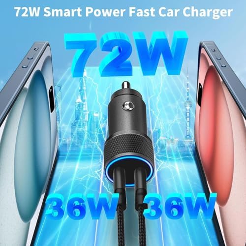 BAOYUANDA 72 W Dual Port USB-C Car Charger for i Phone 16 Series – MFi Certified Fast Charging Solution with 2 Durable Type C Cables for i Pad Pro, Android & More – Ultimate Compatibility for On-the-Go Power Management