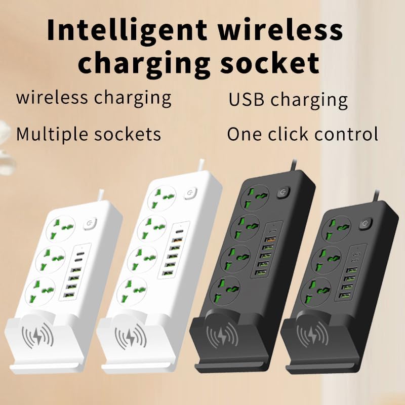 Universal Power Socket with Wireless Charging Pad – Multi-Device Desktop Charging Station Featuring 4 AC Outlets, 4 USB Ports & 2 Type-C Ports, Fire-Resistant Design for Enhanced Safety – Ideal for Home, Office, and Travel Use