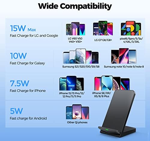 Dual Pack Wireless Charging Stand – 15 W Fast Charge for i Phone 15/14/13/12/11 Pro Max & Galaxy S23/S22/S21/S20 – Ergonomic Design for Home & Office – Universal Compatibility for Google Devices & More – Tangle-Free Convenience for Seamless Charging Experience