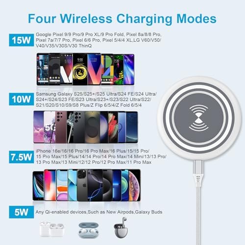 15 W Fast Wireless Charging Pad with QC 3.0 Adapter – Ultimate Charging Solution for Galaxy S25 Ultra, i Phone 16 Pro Max, Pixel 9, and More – Seamless Through-Case Functionality, Enhanced Safety Features, and Non-Slip Design for All Wireless-Enabled Devices – Includes 3.3 ft USB-C Cable for Effortless Connectivity – Perfect for Home and Office Use