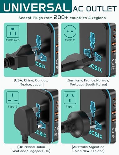 Global Travel Power Adapter with Dual USB-C & USB-A Ports – Compact 240 V AC Charger for International Use in EU, US, UK, AUS – Fast Charging Solution for Modern Travelers – Sleek, Lightweight Design (Black/Blue)