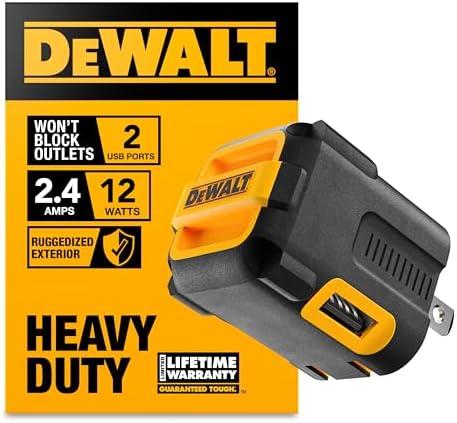 DEWALT Heavy Duty Angled Dual Port USB Charger – 12 W Wall Adapter for Fast Charging Multiple Devices, Foldable Plug for Optimal Portability, Compatible with i Phone 15, Galaxy S22, Note 20, HTC, Moto, and LG – Superior Speed and Enhanced Durability for Home and Travel