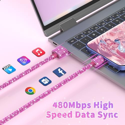 Black Diamond MFi Certified Fast Charging Cable for i Phone – 4 FT USB-A to Lightning Cord with Sparkling Rhinestone Design, Compatible with i Phone 14, 13, 12, 11 Pro Max, XR, XS, X, 8, and 7 – Durable and Stylish Charging Solution for Rapid Power Delivery