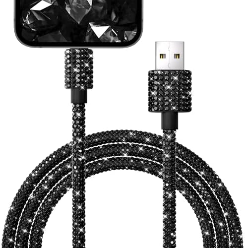 Black Diamond MFi Certified Fast Charging Cable for i Phone – 4 FT USB-A to Lightning Cord with Sparkling Rhinestone Design, Compatible with i Phone 14, 13, 12, 11 Pro Max, XR, XS, X, 8, and 7 – Durable and Stylish Charging Solution for Rapid Power Delivery