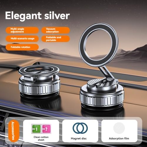 Car Phone Mount for Magsafe, 360 Degree Rotation Dashboard Vacuum Magnetic Phone Holder, Foldable Suction Cup Car Phone Mount for All Smart Phone and Vehicle, Silver – Enhanced Compatibility and Speed