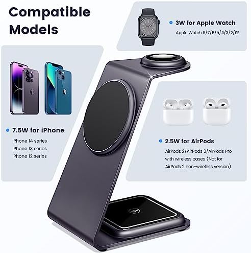 Effortlessly Charge Your Devices with the Stylish Purple Magnetic 3-in-1 Wireless Charging Station for Mag Safe i Phones and Apple Products – Fast, Efficient, and Space-Saving Solution for i Phone, Air Pods, and Apple Watch Users