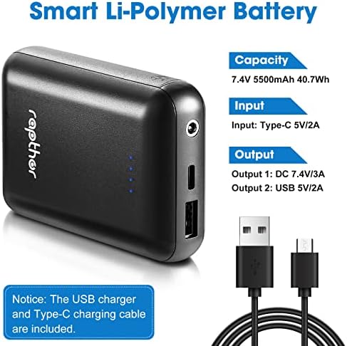 Rapthor 7.4 V 3 A & 5 V 2 A Ultra Compact Battery Pack – Dual Output Power Solution for Heated Vests, Jackets & Hoodies – Lightweight and Fast Charging Portable Charger for Outdoor Adventures – Stay Warm & Mobile in Cold Conditions