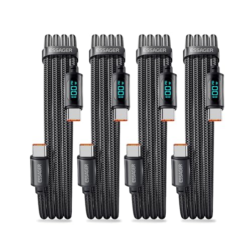 Revolutionize Your Charging Experience: ESSAGER 100 W USB-C to USB-C Cable with Innovative LED Display – Ideal for i Phone 15 Pro Max, Mac Book, Galaxy S23 & More – Durable 6.6 ft Braided Nylon for Ultimate Performance and Convenience