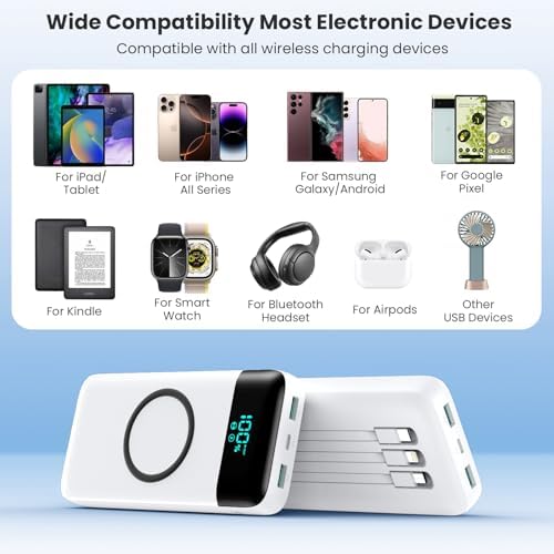 Ultimate 40800 m Ah Multi-Device Wireless Power Bank with Integrated Cables – 15 W Fast Charging Hub for i Phone 16/15/14/13/12 and Samsung Galaxy Series – Exceptional Portability, PD QC 4.0 Technology, LCD Indicator, Lightweight Design for Effortless On-the-Go Power Solutions – Unrivaled Compatibility and Safety Assurance