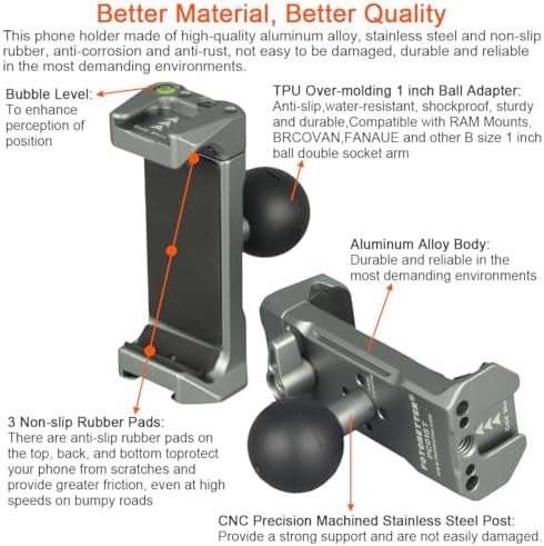 Aluminum Cell Phone Holder with 1 Inch Ball Mount Adapter Compatible with RAM mounts B Size 1″ Socket Arm Bike Motorcycle Car Phone Mount, Double Protection Anti-loosening Locking knob – Enhanced Compatibility and Speed