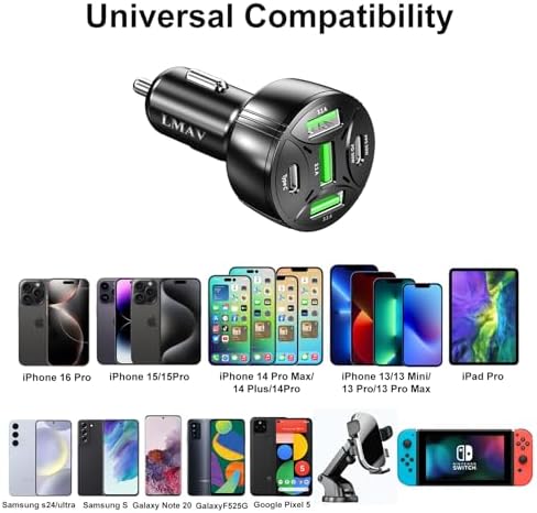 High-Speed 5-Port USB C Car Charger Adapter – 75 W PD 3.0 Fast Charging for i Phone 16/15/14/13 Pro Max, Galaxy S24/S23/S22/Note 20, Android, Pixel – Ultimate Multi-Device Power Solution for On-the-Go Convenience