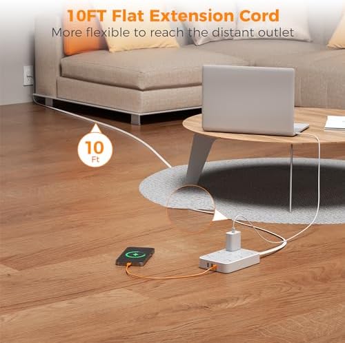 TESSAN 10 FT Flat Extension Cord with Surge Protection: Compact Power Strip Featuring 6 AC Outlets, USB-C & Dual USB-A Ports – Ideal for Home, Office, and Dorm Room Use with Wall Mount Capability for Space-Saving Convenience