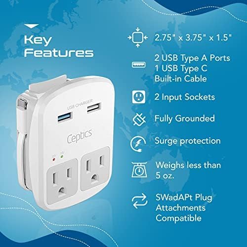 Global Travel Power Adapter – Ceptics 6-in-1 Charger with Dual USB-A & Triple USB-C Ports for Lightning-Fast Charging – Universal Compatibility for USA, EU, UK & AUS Electronics – Ideal for Smartphones, Laptops & Cameras – UP-30 KU-BL for Efficient Multi-Device Charging Solutions