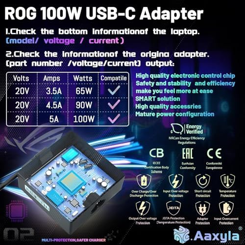 100 W USB Type-C Laptop Charger – High-Speed Power Adapter for Asus ROG, Chromebook, Zen Book, and Vivo Book – Universal Compatibility with Multi-Protection Features for Safe Charging – Ideal for Models X7, 14, 14 X, Z13, GV301, and More – Reliable Performance for All Your Devices