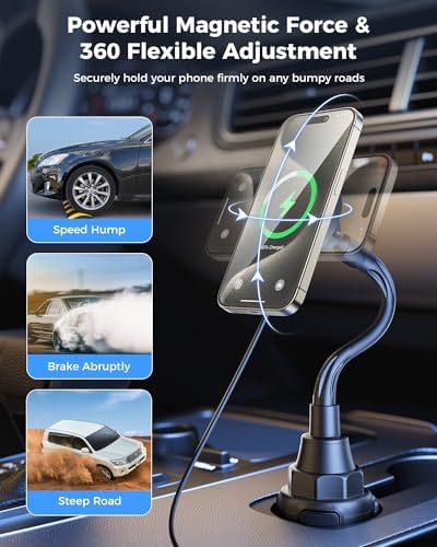 Transform Your Driving Experience with the SUPERONE 2025 Mag Safe Cup Holder Charger – 15 W Fast Charging Solution for i Phone 16, 15, 14, 13, 12 Pro Max, Plus, and Mini – Features Adjustable Gooseneck for Optimal Viewing and Stability – Perfect Accessory for On-the-Go Professionals and Tech Enthusiasts. Effortlessly power your devices while navigating with hands-free convenience. This innovative cup holder mount ensures a secure fit in standard cup holders while providing rapid 15 W charging for your latest i Phone models. Designed for maximum compatibility, the adjustable gooseneck allows you to customize the angle for easy access, making it ideal for GPS navigation or hands-free calls. Crafted from durable materials, the SUPERONE charger is built to endure daily use while maintaining sleek aesthetics. Experience ultimate convenience and stay connected on the road with this cutting-edge charging solution that blends practicality with modern design. Perfect for tech-savvy users looking for reliable performance and efficiency in their automobile accessories.