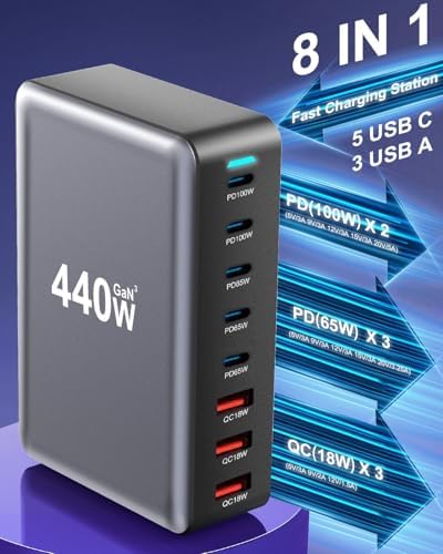 High-Powered 440 W Ga N 8-Port USB-C Charging Hub – Dual PD & PPS Fast Charger for Mac Book Pro/Air, i Phone 16/15/14/13/Pro Max – Compact, Durable Solution for Home, Office & Travel Efficiency