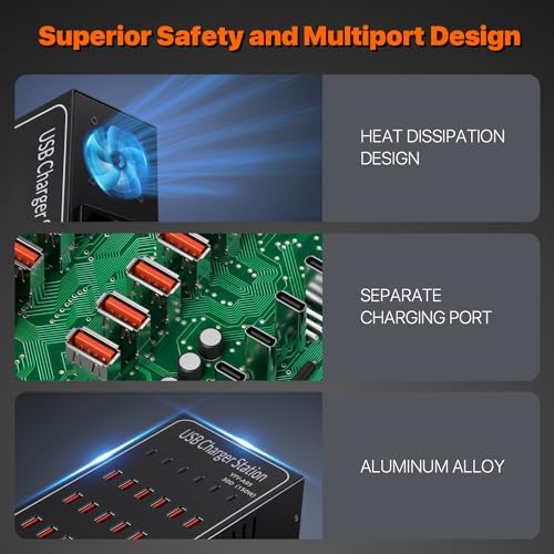 Ultimate 12-Port USB C Charging Station – 60 W Multi-Device Power Hub with 10 USB-C and 2 USB-A Ports for Fast Charging of i Phone, i Pad, Samsung, Google Pixel, Smartwatches, and Headphones – Compact Design for Home, Office, or Travel – Smart Technology for Optimal Power Delivery and Enhanced Compatibility