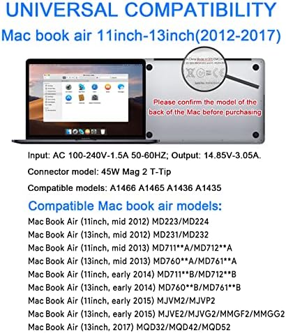 High-Efficiency 45 W Mac Book Air Charger with T-Tip Magnetic Connector – Optimized Power Adapter for 11-inch and 13-inch Models Post Mid-2012 – Enhanced Safety Features and Rapid Charging Capability
