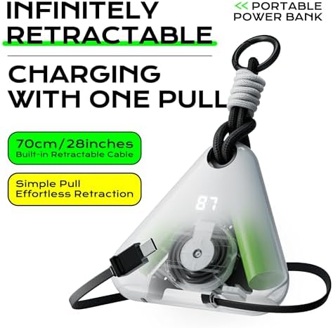 Ultimate Travel Power Bank with Retractable 2.3 ft Cable and Durable Paracord Carabiner – 10000 m Ah Fast Charging Wearable Charger in Stellar Gray, USB-C Compatible for All Devices – Stay Energized on the Go!