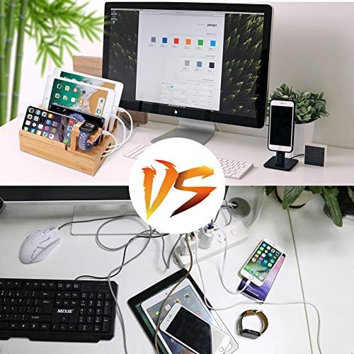 Eco-Friendly 5-Port USB Charging Station Organizer – Fast Charging Bamboo Dock for Multiple Devices, Compatible with Apple Watch, Samsung Phones & Tablets – Sleek, Space-Saving Design for Home and Office Use
