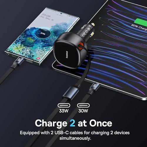 Baseus 33 W Retractable Dual USB-C Car Charger – Fast Charge Your Samsung Galaxy & Tablets on the Go, Sleek Black Design, Compact & Portable, Enhanced Safety Features for Effortless Travel Power Solutions