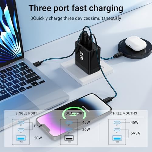 65 W USB C Wall Charger – Compact 3-Port Fast Charging Station for Mac Book Pro, i Pad Pro, Galaxy S23 & i Phone 15 – Foldable Travel Design with Universal Compatibility & Enhanced Safety Features for Optimal Device Performance