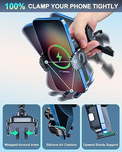 15 W Fast Wireless Car Charger & Air Vent Mount – Effortless Qi Charging for i Phone 14, Samsung Galaxy S23, and More – Stay Powered on the Go with Enhanced Safety Features and Sleek Design