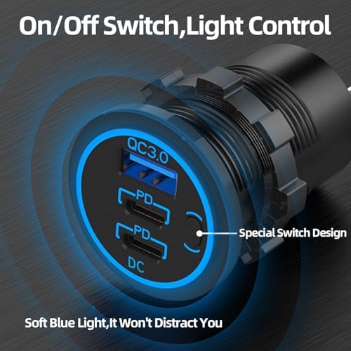 High-Speed 12 V USB Charging Outlet – Dual PD 3.0 & Quick Charge 3.0 Multi-Port Socket for Cars, Boats, Motorcycles & RVs – Waterproof Cigarette Lighter Replacement with Integrated Power Switch for Enhanced Safety and Efficiency