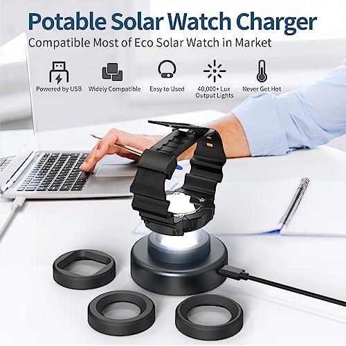 Eco-Friendly Solar Watch Charger for Men and Women – Quick Charge LED UV Light, 8-Hour Auto Shut-Off, Universal Compatibility with Casio, Seiko, Garmin & More – Stylish Black Design with Interchangeable Caps for Ultimate Convenience and Adventure-Ready Power
