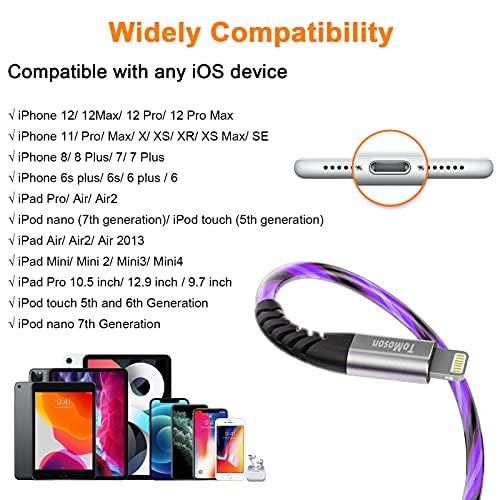 Vibrant LED Lightning Charging Cable for i Phone – MFi Certified 6 FT Fast Charge USB Cord with Dynamic RGB Light-Up Feature for Enhanced Compatibility and Performance with i Phone 14, 13, 12, 11 Pro Max, XR, X, SE, 8 Plus, i Pad, and i Pod – Durable and Stylish Tech Accessory for Home and On-the-Go Charging