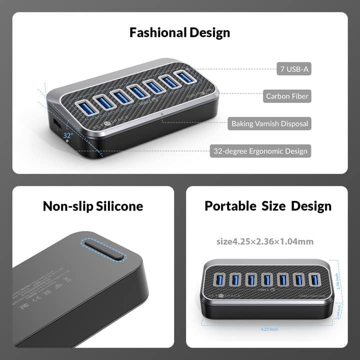 Transform Your Connectivity with Our 7-Port USB Hub – High-Speed USB 3.2 Gen1 Splitter Featuring Unique 32° Angled Design for Easy Access – Perfect for PCs, Laptops & More – Enjoy 5 Gbps Data Transfer Speeds with a 3.28 ft Cable for Ultimate Flexibility & Enhanced Productivity – Ideal for Home & Office Use