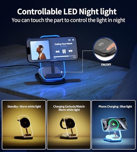 Ultimate 3-in-1 Magnetic Wireless Charging Station for Apple: Fast, Foldable Mag-Safe Charger with Night Light for i Phone 16/15/14/13/12, Apple Watch & Air Pods Pro – Travel-Ready, Enhanced Compatibility, and Rapid Charging Solution