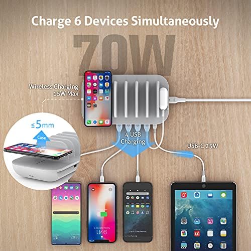 Soo Pii 70 W Multi-Device Charging Hub – 5-Port Fast Charge Dock with 15 W Wireless Pad & 25 W USB-C Power Delivery for Galaxy, i Phone 15/14/13/Xs/Max – Optimize Charging Efficiency for Home & Office Environments
