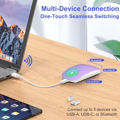 Sleek Silver Bluetooth Wireless Mouse for Mac Book Air & Pro – Ergonomic, Rechargeable, and Silent Tri-Mode Connectivity (2.4 G USB-C/USB-A, Bluetooth 5.2/3.0) for Ultimate Productivity on the Go