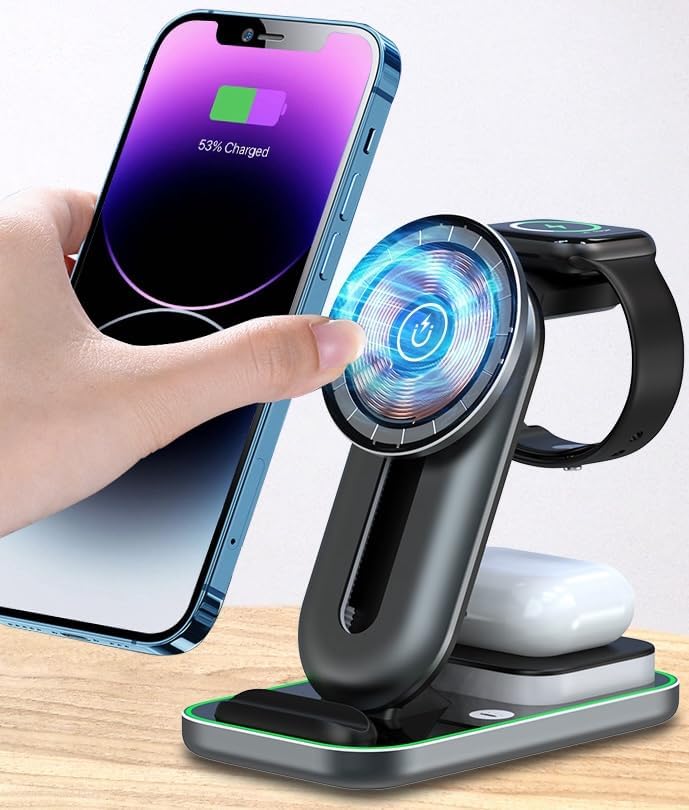 Effortless Charging Hub: Mag Safe-Compatible 3-in-1 Wireless Charger Stand for i Phone, Apple Watch & Air Pods – Adjustable Height & Built-in Night Light for Optimal Convenience – Sleek Black Design for Home & Travel Use