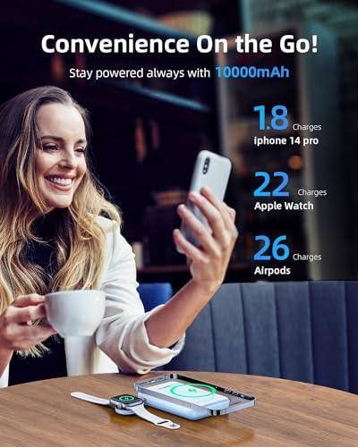 Ultra-Fast 4-in-1 Magnetic Power Bank: 10,000 m Ah Wireless Charger for i Phone 12/13/14/15/16 Series & Apple Watch – Convenient USB-C 20 W PD Charging for Busy Lifestyles – Compact Portable Power Solution for On-the-Go Energy Needs