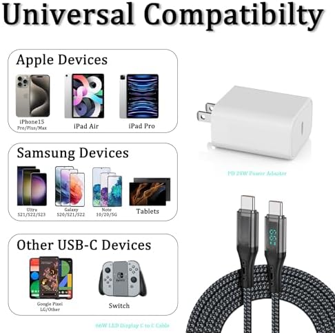 Revolutionize Your Charging Experience with the 20 W USB-C PD Power Adapter and 100 W USB-C Cable – Featuring LED Digital Display for i Phone 15 Pro Max, i Pad Pro, Galaxy Ultra, Pixel, Tablets, and Nintendo Switch – Perfect for Fast-Paced Lifestyles and Rapid Power Needs