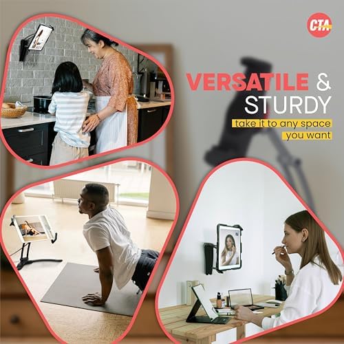 Universal 3-in-1 i Pad Tablet Mount by CTA Digital – Versatile Holder for All i Pad Models (7-13″) – Elegant Silver Design – Wall, Under Cabinet, and Desk Mounting Solutions – Adjustable Viewing Angles for Ultimate Comfort – Perfect for Home, Office, and Travel – Boost Productivity and Entertainment with Effortless Installation and Sturdy Build