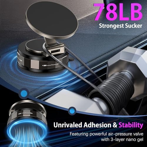 DUEDUE Vacuum Magnetic Suction Cup Phone Mount, 360° Adjustable Magnetic Phone Holder, Pocket Size Foldable Portable Cell Phone Holders for Your Car for All Smartphones & All Car Models Black – Enhanced Compatibility and Speed